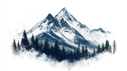 Obraz premium A majestic mountain with snow-capped peaks, clean graphic cut-out style, sharp rock textures with soft snow contrasts