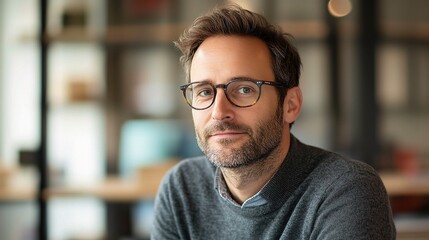 Obraz premium Confident Professional Portrait: A friendly, approachable man with glasses and a neatly trimmed beard looks directly at the camera, exuding confidence and approachability.