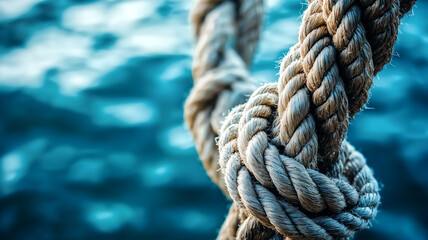 Fototapeta premium close up of thick rope tied in knot against blurred blue background, symbolizing strength and connection. texture of rope is detailed and prominent