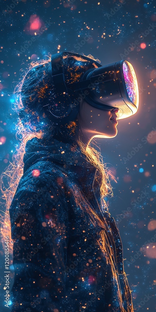 Poster a person wearing a vr headset is immersed in a digital world filled with glowing particles. perfect 