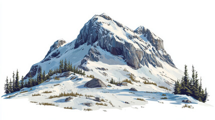 A majestic mountain with snow-capped peaks, clean graphic cut-out style, sharp rock textures with soft snow contrasts