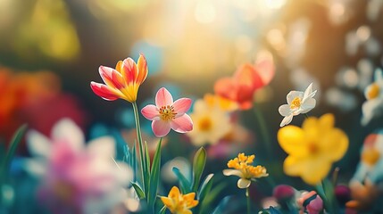 A Symphony of Spring: A vibrant tapestry of colorful wildflowers basks in the golden light of the setting sun, creating a stunning visual symphony of nature's beauty.  