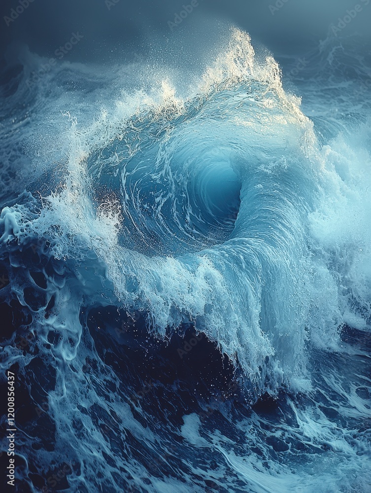 Poster a powerful ocean wave curls into a mesmerizing vortex. deep blues and white foam create a dramatic s