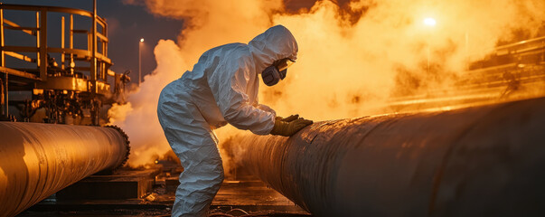 worker in hazmat suit inspects pipe in smoky environment