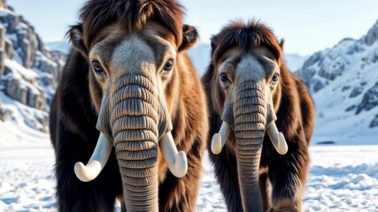 Ice age mammoths walk in the snow and beautiful winter mountain landscape