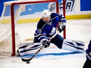 Ice hockey player on big professional ice arena