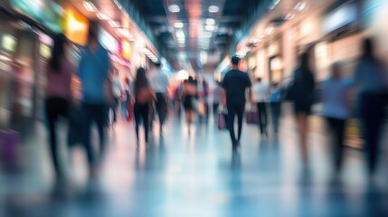 Blur of City Life: capturing the energy of everyday urban life, as a stream of people move through a bustling cityscape, creating a sense of motion, modernism, and anonymity. 