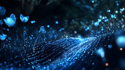 Fototapeta premium Glowing Blue Flowers in a Dark Fantasy Garden