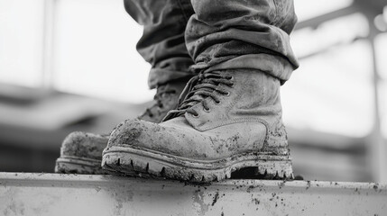 close up of dirty work boots standing on metal beam, showcasing hard work