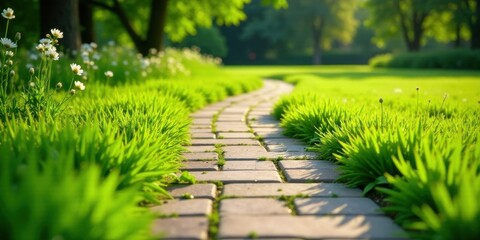 Obraz premium Serene Pathway Winding Through Lush Green Grass and Delicate Wildflowers Under Sunlight