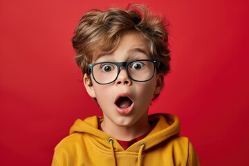 Shocked boy in trendy glasses on red background