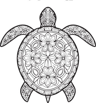A black and white vector illustration of a turtle mandala.