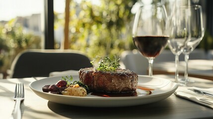 Elegant Steak Dinner with Wine in Sunlit Modern Restaurant Setting