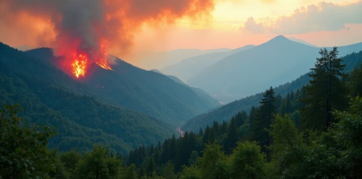 A dramatic sunset over mountains affected by wildfire, showcasing nature's fury.