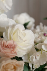 Pink and white roses close up in sunlight