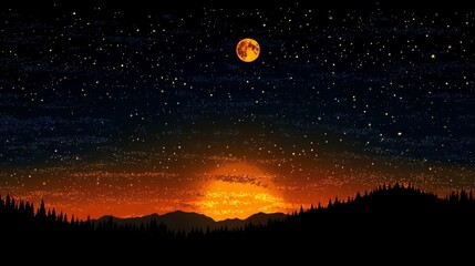 Fiery Sunset Silhouette with Full Moon and Starry Night Sky