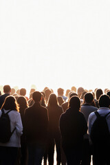 Obraz premium A diverse crowd of people walking towards a bright horizon, silhouetted against a glowing background.