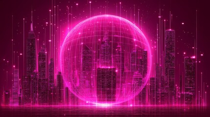 Fototapeta premium Glowing Pink Orb Enveloping a Futuristic Cityscape at Night