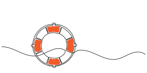 A continuous line drawing of lifebuoys, rescue belts, and an inflatable ring with rope, symbolizing safety and swift assistance for drowning victims. A rescue ring offers quick help in emergencies.