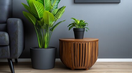 Modern Interior Design: Plants and Wooden Side Table