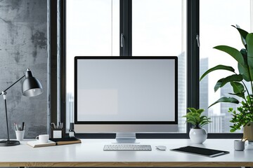 High Detail Image of Mock Up of Modern Workspace with Panoramic Windows 3D Rendering
