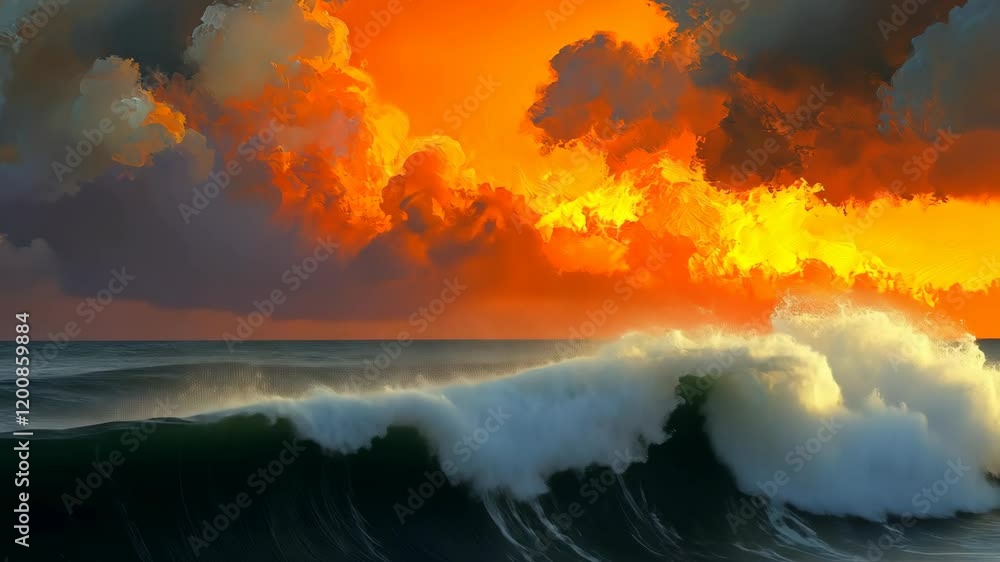Poster sunset over ocean waves with dramatic clouds in the sky creating a vibrant atmosphere
