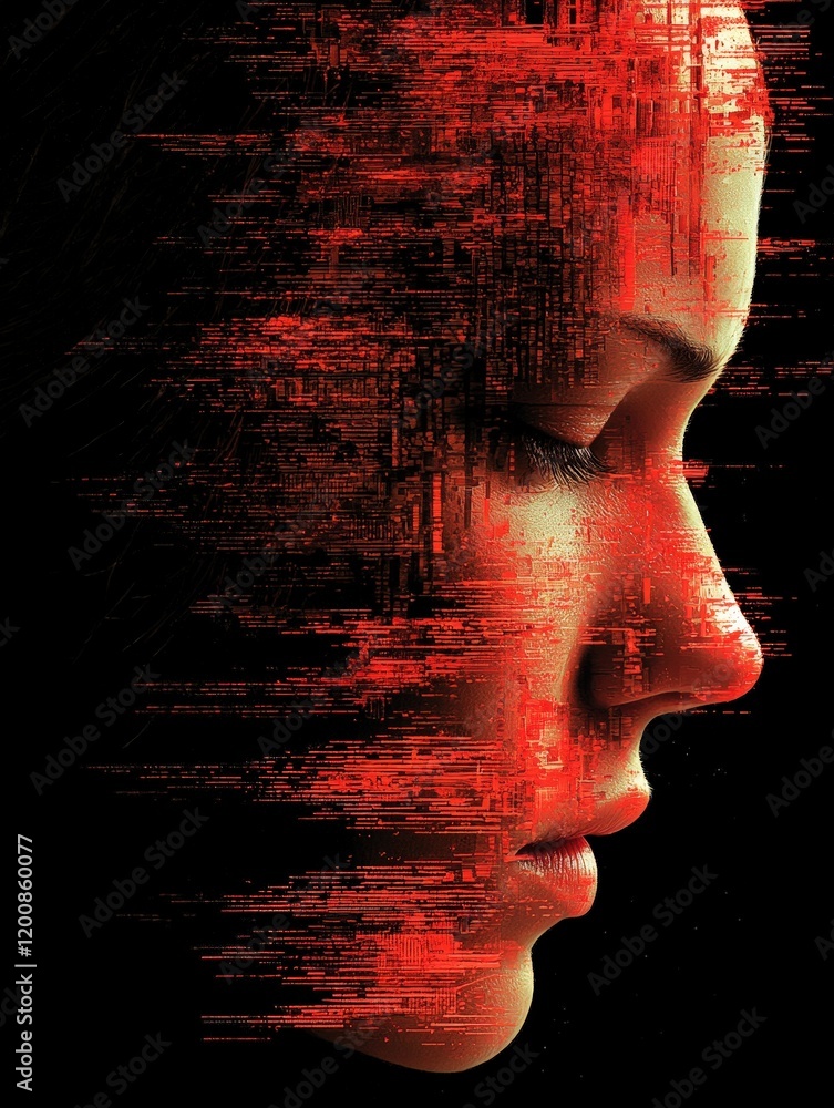 Poster abstract digital art of a face merging with red circuit patterns. ideal for tech backgrounds album a