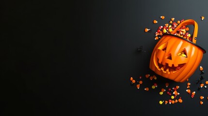 Halloween jack o' lantern pail with spilling candy, top view on black background with empty copy space for seasonal celebrations, trick-or-treating, and spooky holiday events

