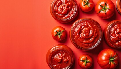 Top view of fresh organic tomatoes and jars of homemade tomato sauce on red background