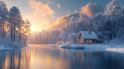 Fototapeta premium Cozy log cabin by a snowy lake at sunrise