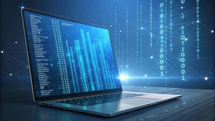 A sleek laptop displays dynamic code and data against a futuristic digital backdrop, symbolizing technology and programming.