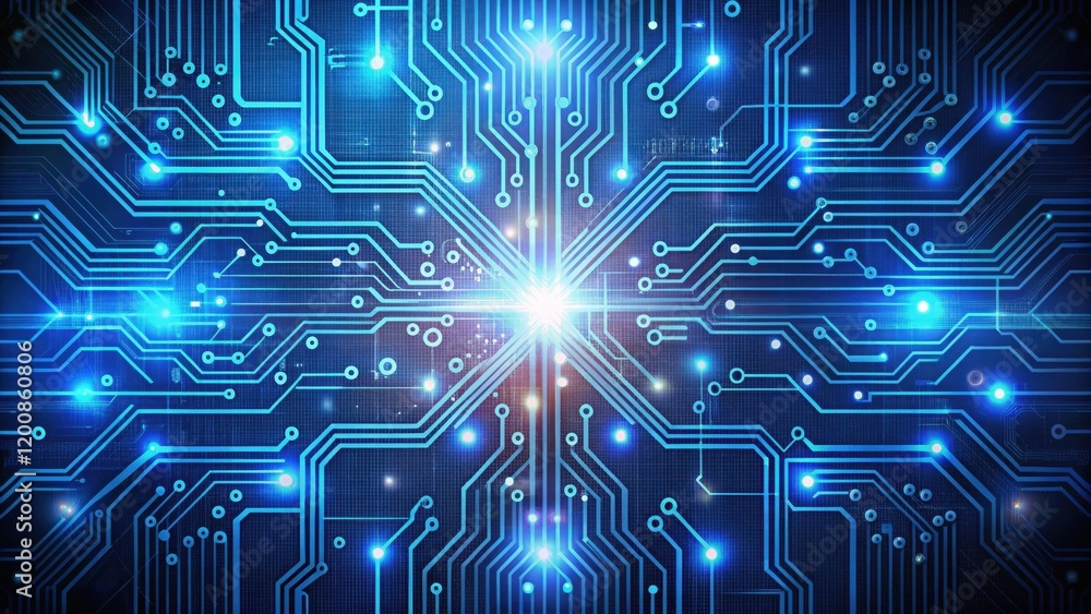 Poster a vibrant digital circuit design illuminated by blue lights, showcasing intricate pathways and a cen