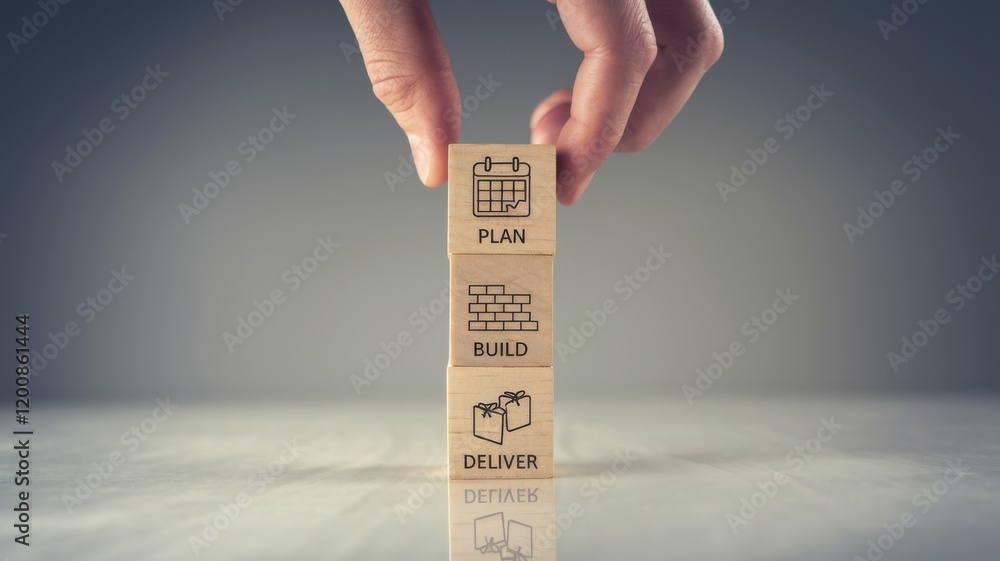 Poster wooden building blocks plan and build and deliver on a desk symbolizing the strategic process of pro