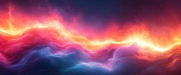 Vibrant abstract waves of color blend seamlessly, creating stunning visual of fiery reds, oranges, and cool blues, evoking sense of energy and movement