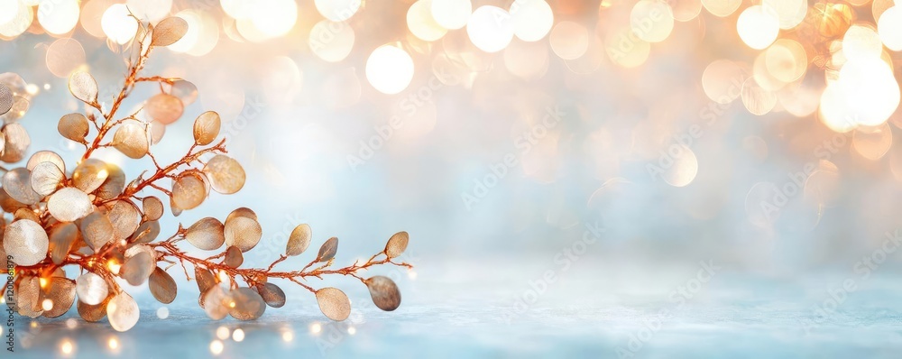 Poster metallic watercolor concept. delicate botanical branch with soft bokeh background creating a serene 