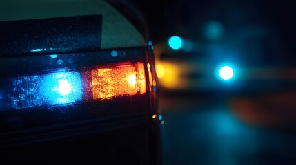 Closeup of Police Lights on Dark Street at Night