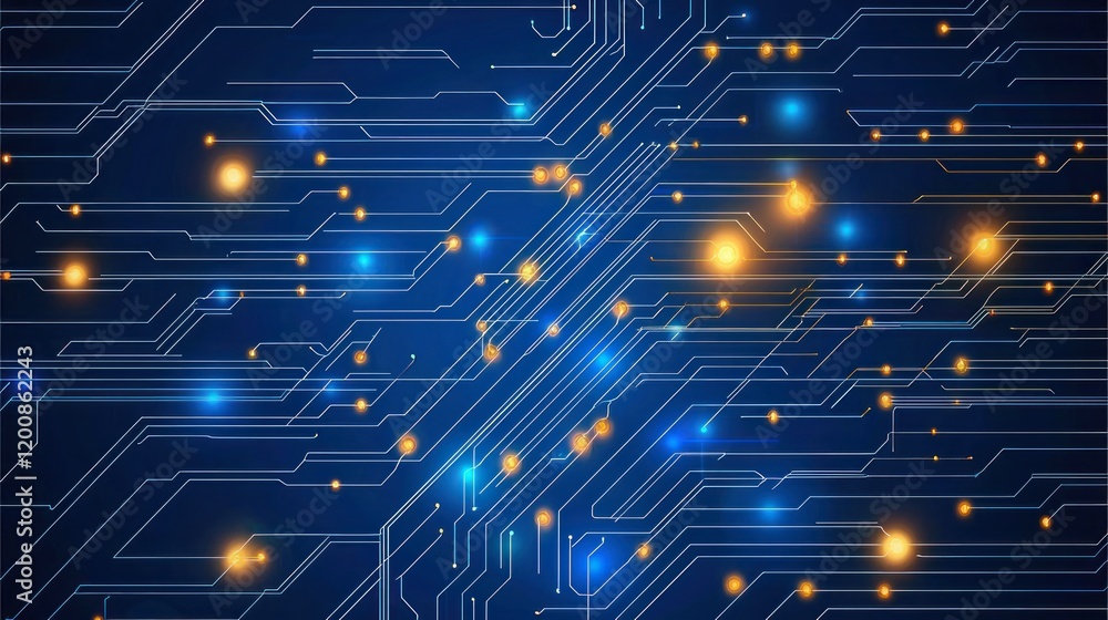 Poster abstract digital circuit design with glowing lights and lines.