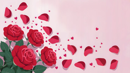 Romantic Illustration of Red Roses, Petals, and Heart Shapes on a Soft Pink Background &ndash; Perfect for Love and Celebration Themes