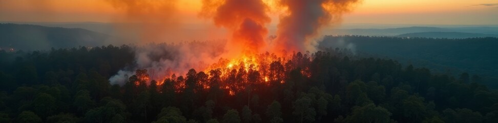 Dramatic forest fire at sunset, showcasing the impact of climate change on nature.