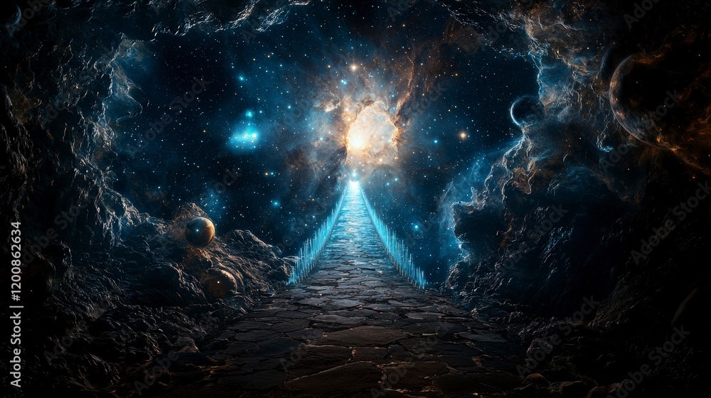 Poster a celestial journey across the cosmic bridge galactic realm digital art surreal environment wide ang