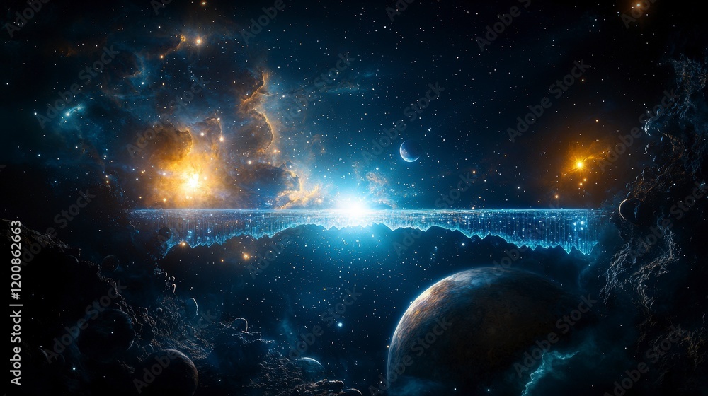 Poster Cosmic bridge of light celestial space digital artwork vast universe ethereal perspective journey beyond imagination