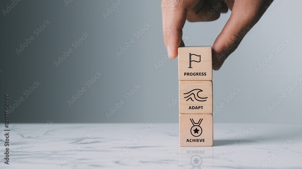 Aufkleber wooden block with icons representing the concepts of progress adaptation and achievement symbolizing