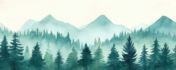 Nature watercolor idea. Tranquil forest landscape with misty mountains in the background, evoking serenity.