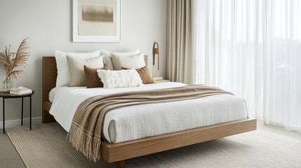 Modern bedroom with neutral tones and cozy decor.