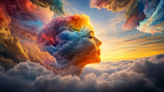 Dreamy sunrise a woman's profile in colorful clouds fantasy landscape surreal art serene view