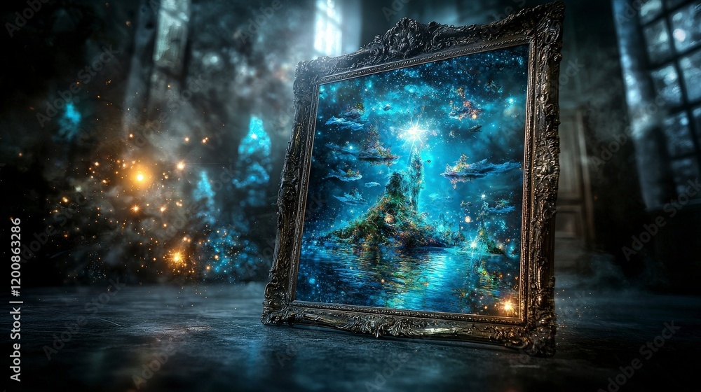 Poster Dreams reflected in a large antique mirror enchanting art display mystical environment creative viewpoint