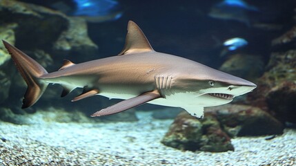Fototapeta premium A lone shark swimming in an aquarium.