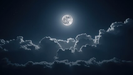 Obraz premium A captivating worm's eye view captures the moon at center stage in a star-studded, shadowy night sky, surrounded by fluffy cumulus clouds weaving through the darkness