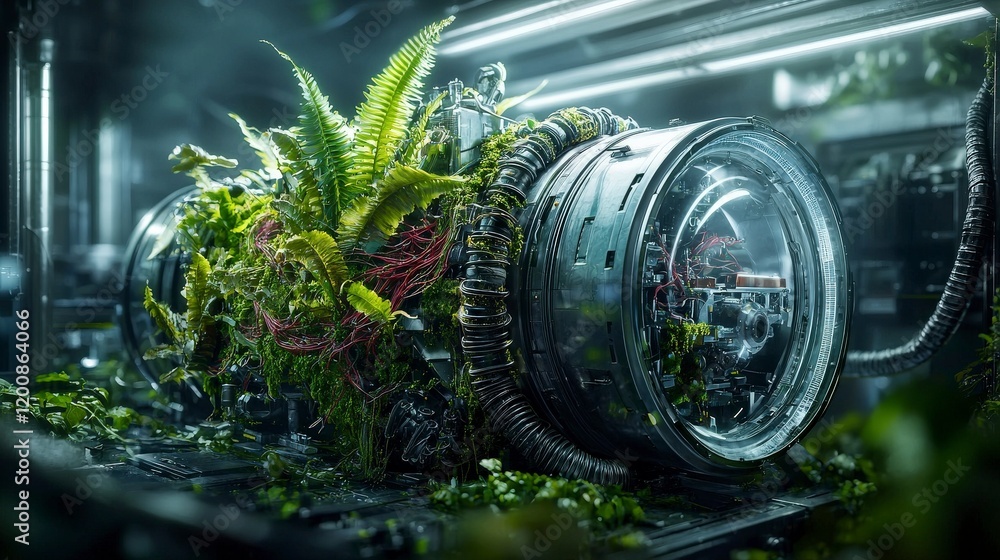 Poster futuristic biological machines integrating nature advanced laboratory concept art high-tech environm