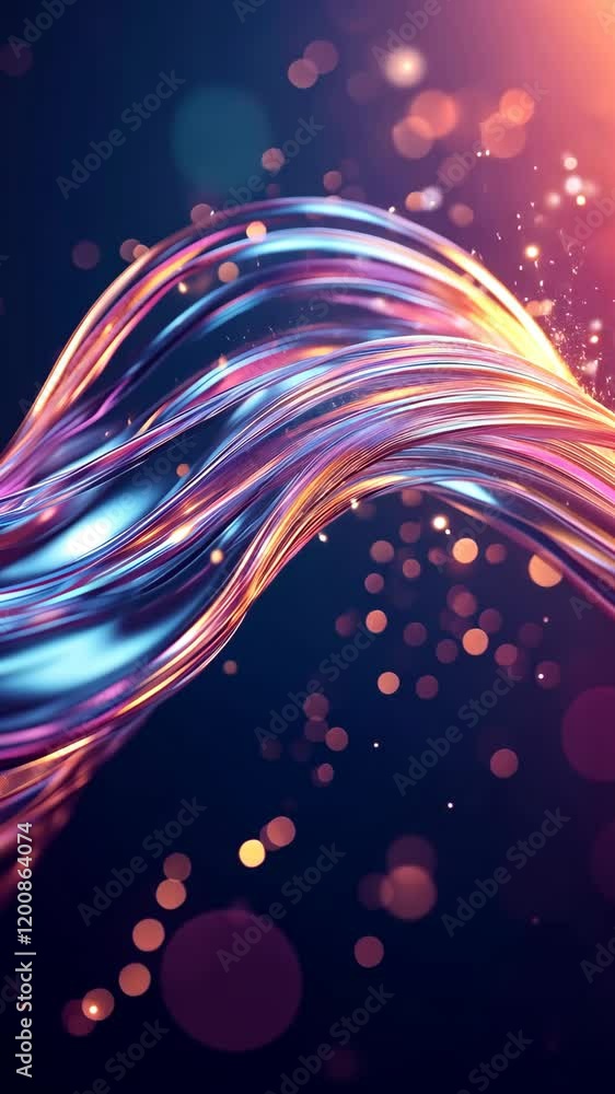 Poster colorful fluid waves create mesmerizing light effects in a dark background scene filled with shimmer